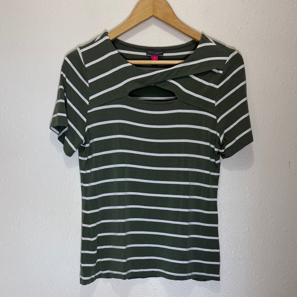 Vince Camuto Olive Striped Short Sleeve Top, Size M